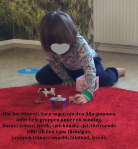 Här berättar ett barn om den "lilla lilla gumman" för hela barngruppen.