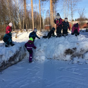 På väg hem så stannar vi och leker i en snöhög